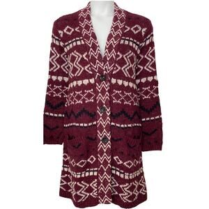 J.Jill Fair Isle Knit Long Cardigan Sweater, Maroon, Women's Size Large